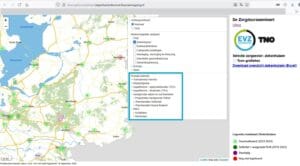 screenshot van dezorgduurzaamkaart met uitgeklapte legenda, blauw vierkant om het gedeelte over energie-potentie