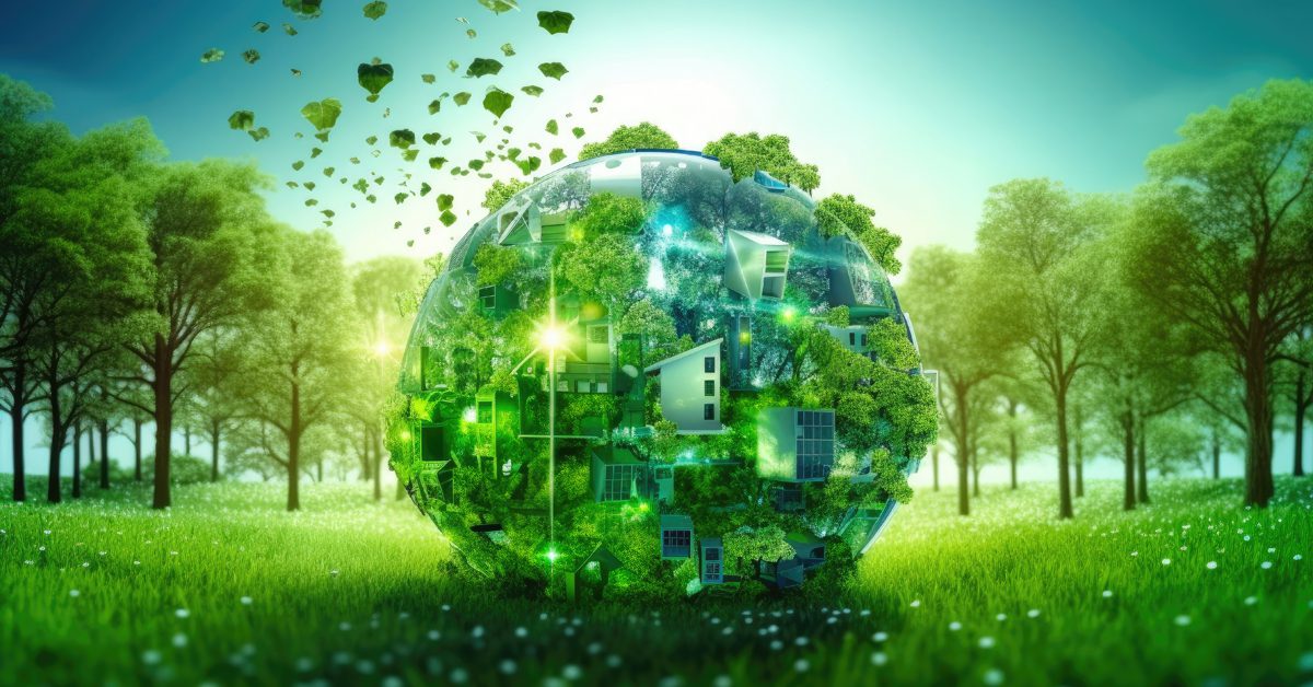 Groene wereldbol met groene gebouwen Op de achtergrond bomen in halve cirkel eromheen 