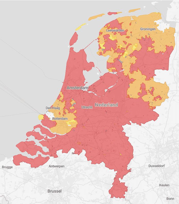 kaart van Nederland met grotendeels rode gebieden waar afname-congestie is, in Zuid-Holland en noord-oost Nederland is het oranje
