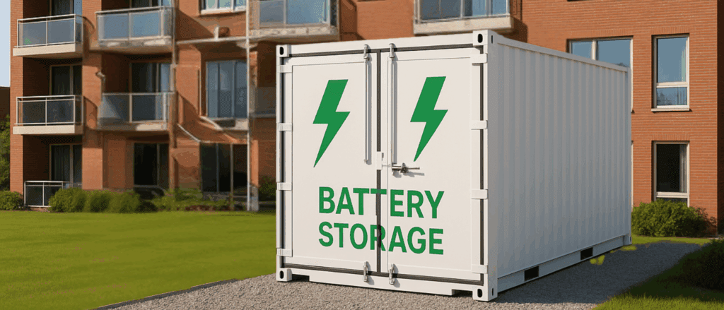 Batterijopslagcontainer met bliksemlogo's