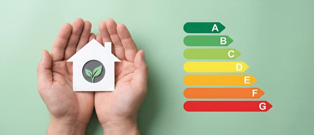 Op twee opgevouwen handen ligt een witte platte vorm van een huis met een groen blaadje in het midden, symbool voor duurzaamheid. Naast het huis is de lijst van oplopende energielabels te zien met de klassen A (groen) tot en met G (rood).