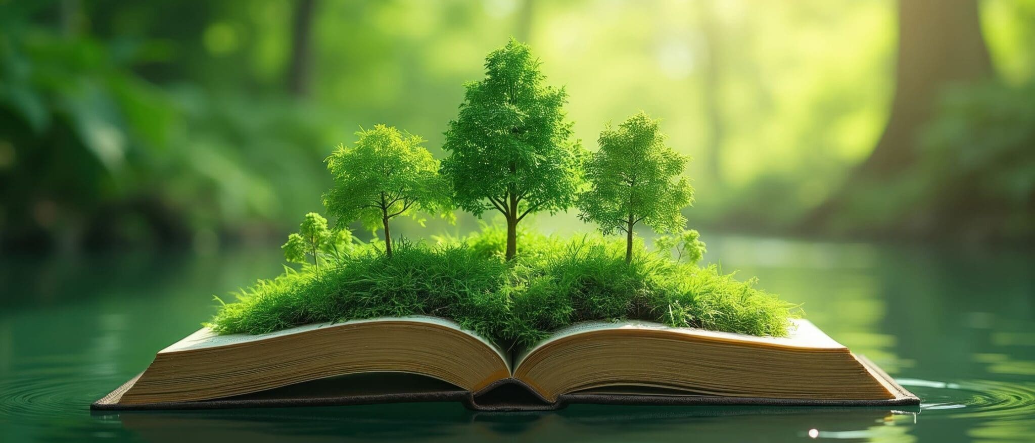 Open book with trees and grass floating on water surface. Nature knowledge growth, ecology education, environmental concept. Green forest background, peaceful scene.
