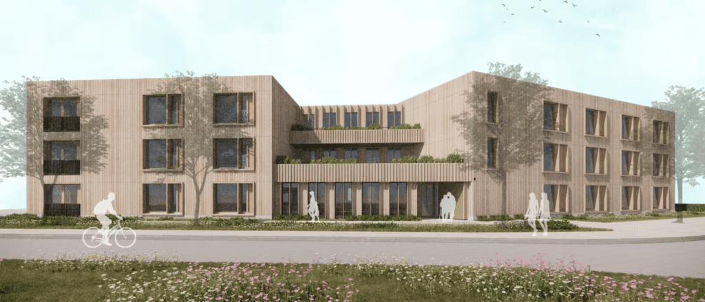 Architectuurimpressie passiefhuis zorggebouw Thebe in Breda, gevel in hout met balkons