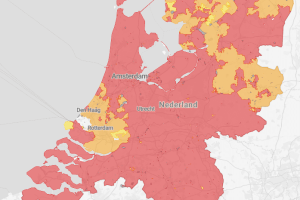 kaart van Nederland met grotendeels rode gebieden waar afname-congestie is, in Zuid-Holland en noord-oost Nederland is het oranje